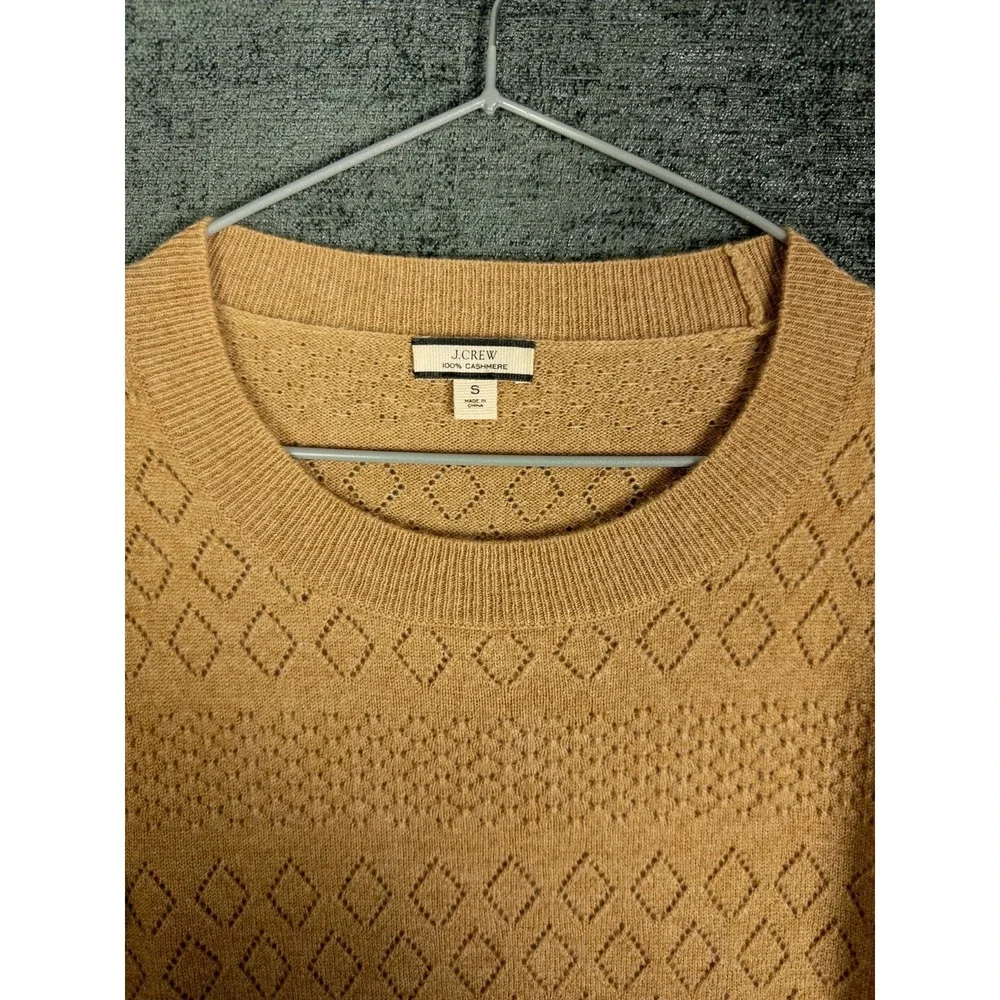 J. Crew 100% Cashmere Crewneck Sweater Womens S Camel Tan Ruffle Pointelle
